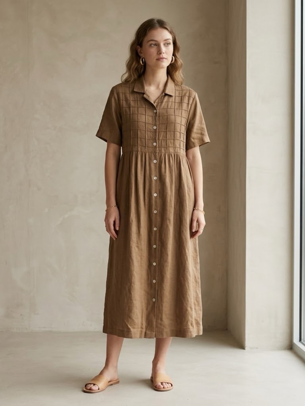 Vtg Studio Ease Brown Linen Blend Button Front Maxi Dress Made In USA Women’s L